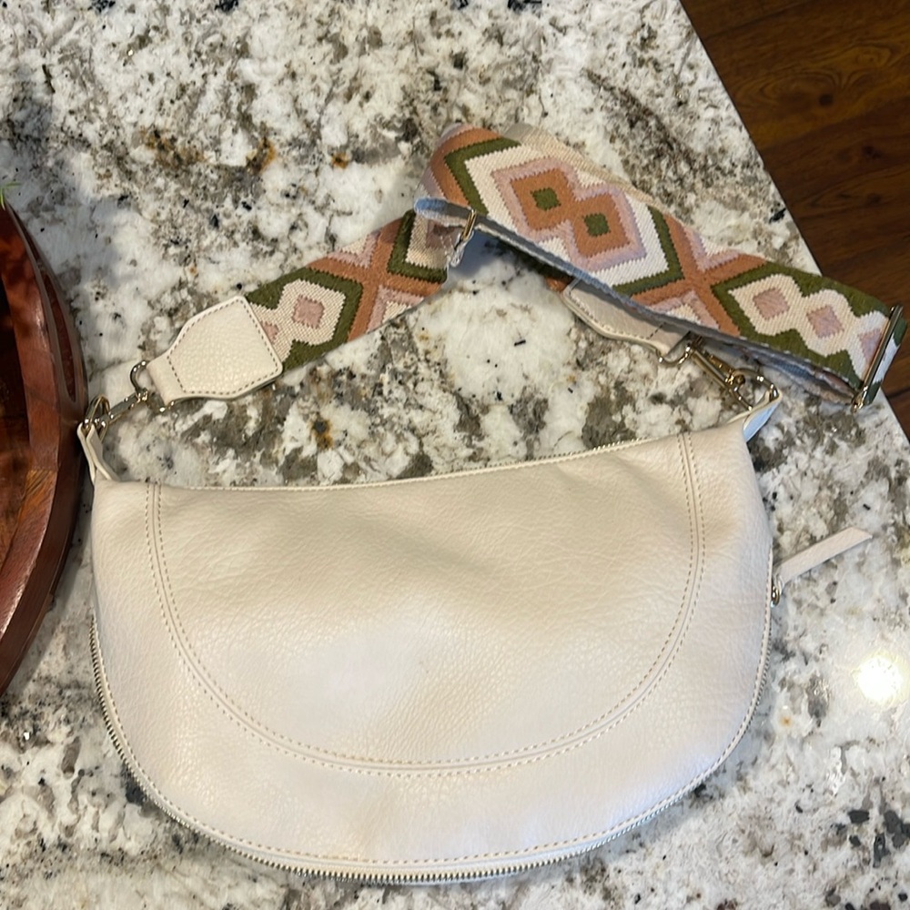 Faux leather Ivory crossbody sling with adjustable tapestry guitar strap